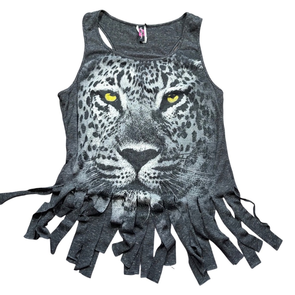 Y2K Grunge Club Sleaze Leopard Graphic Fringe Tank Top Gray Racerback Sleeveless